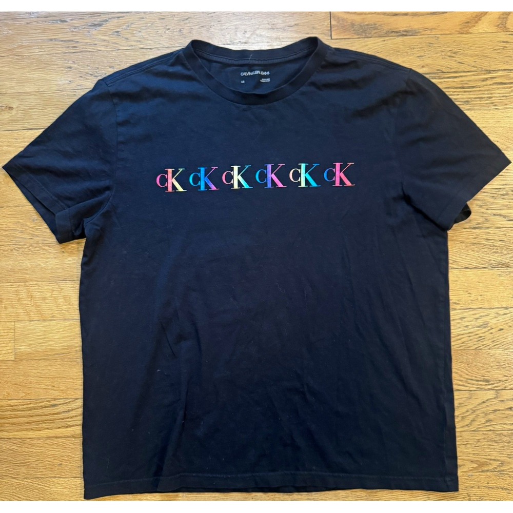 Women's Calvin Klein Jeans Black Rainbow CK Logo Graphic T-Shirt Size Large L
